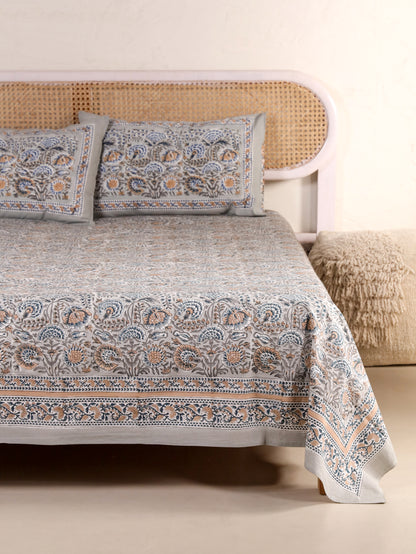 Hand Block Print Jaipuri Cotton Bedsheet With Two Reversible Pillow Cover
