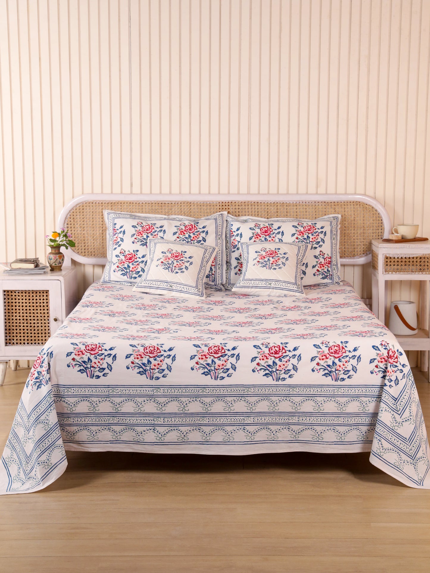 Hand Block Print Jaipuri Cotton Bedsheet With Two Reversible Pillow Cover