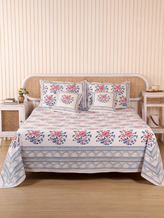 Hand Block Print Jaipuri Cotton Bedsheet With Two Reversible Pillow Cover