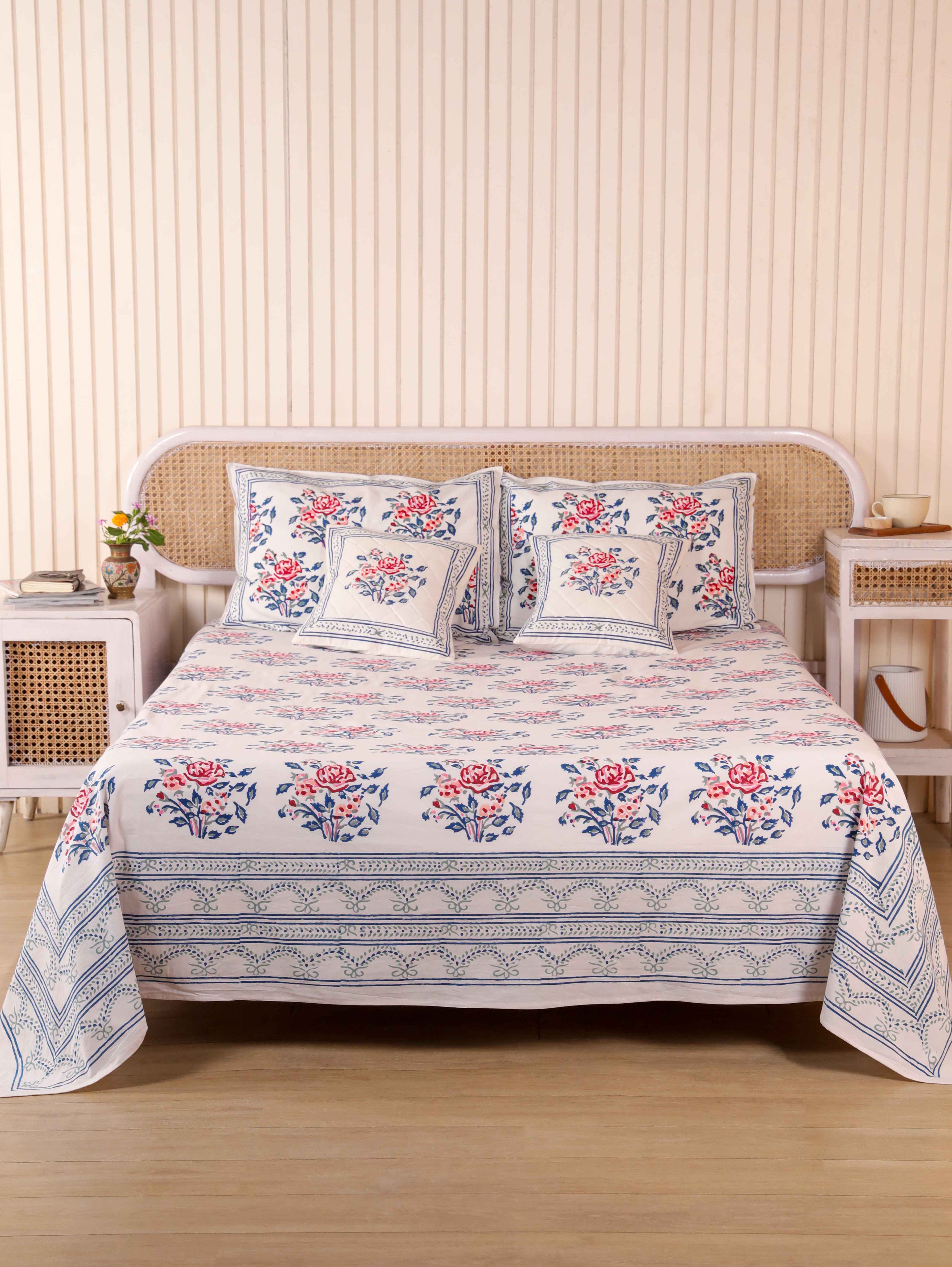 Hand Block Print Jaipuri Cotton Bedsheet With Two Reversible Pillow Cover