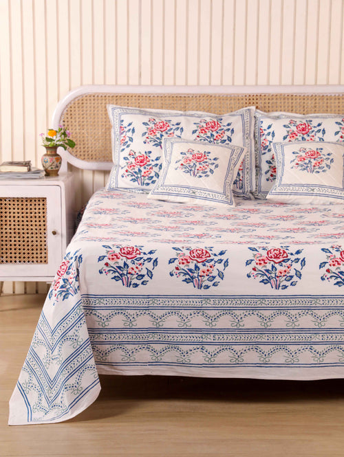 BLUE ROSE-LAND HAND BLOCK PRINT COTTON BEDSHEET WITH PILLOW COVER