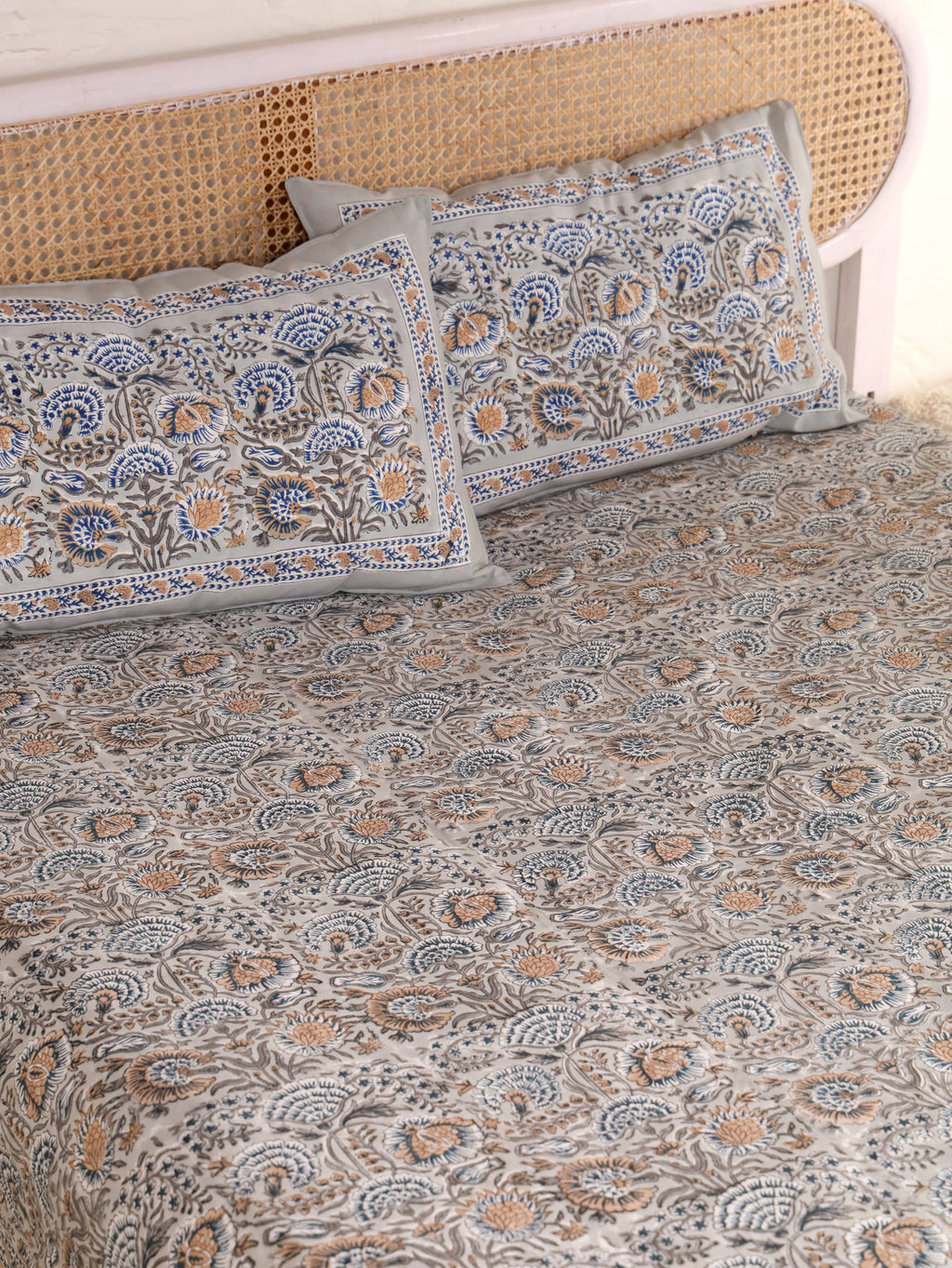THE DARK GREY KASHYAB PRINT HAND BLOCK PRINT COTTON BEDSHEET WITH PILLOW COVER