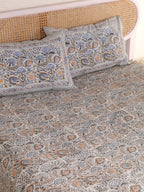 THE DARK GREY KASHYAB PRINT HAND BLOCK PRINT COTTON BEDSHEET WITH PILLOW COVER