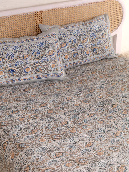Hand Block Print Jaipuri Cotton Bedsheet With Two Reversible Pillow Cover
