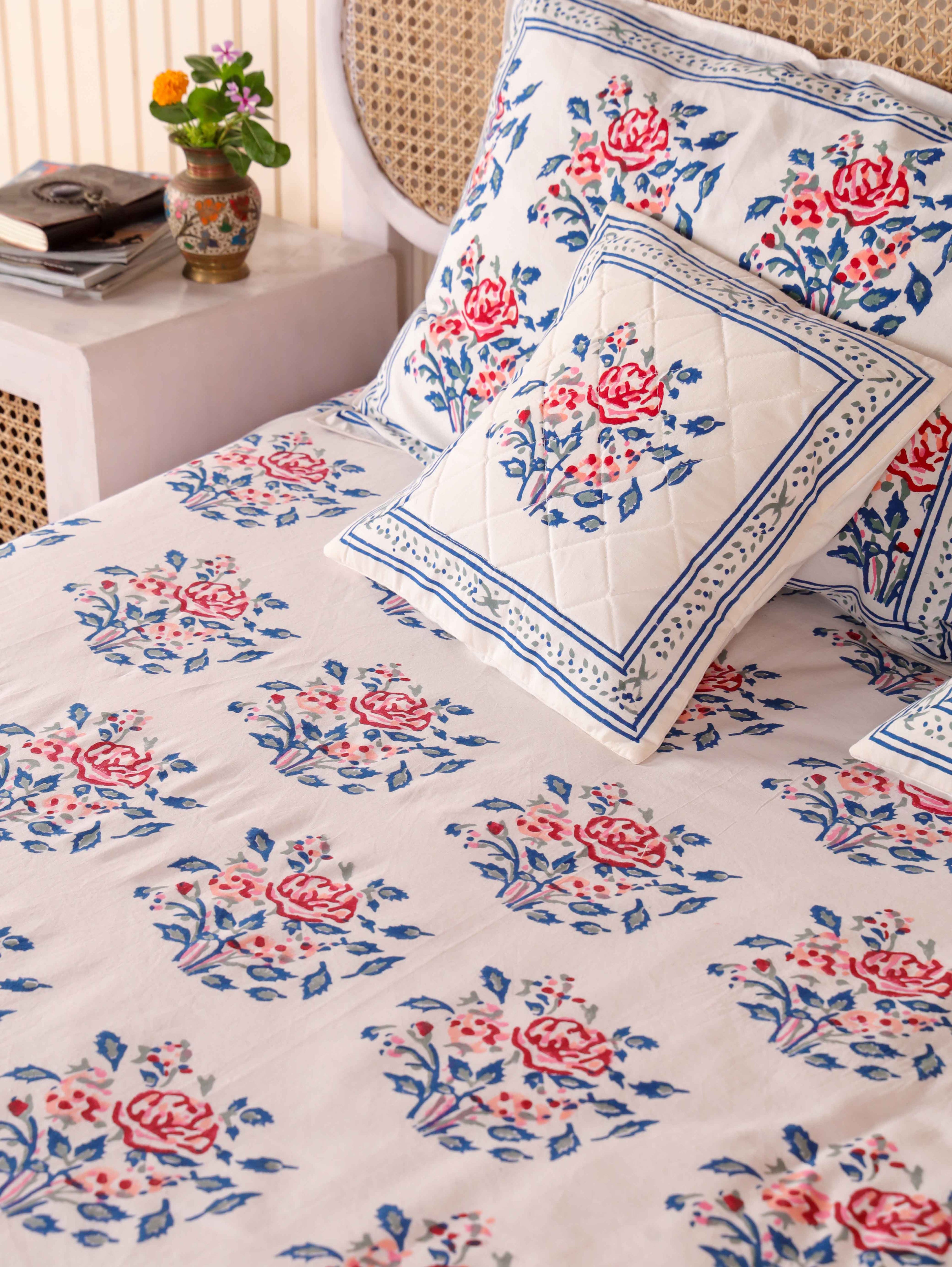 Hand Block Print Jaipuri Cotton Bedsheet With Two Reversible Pillow Cover