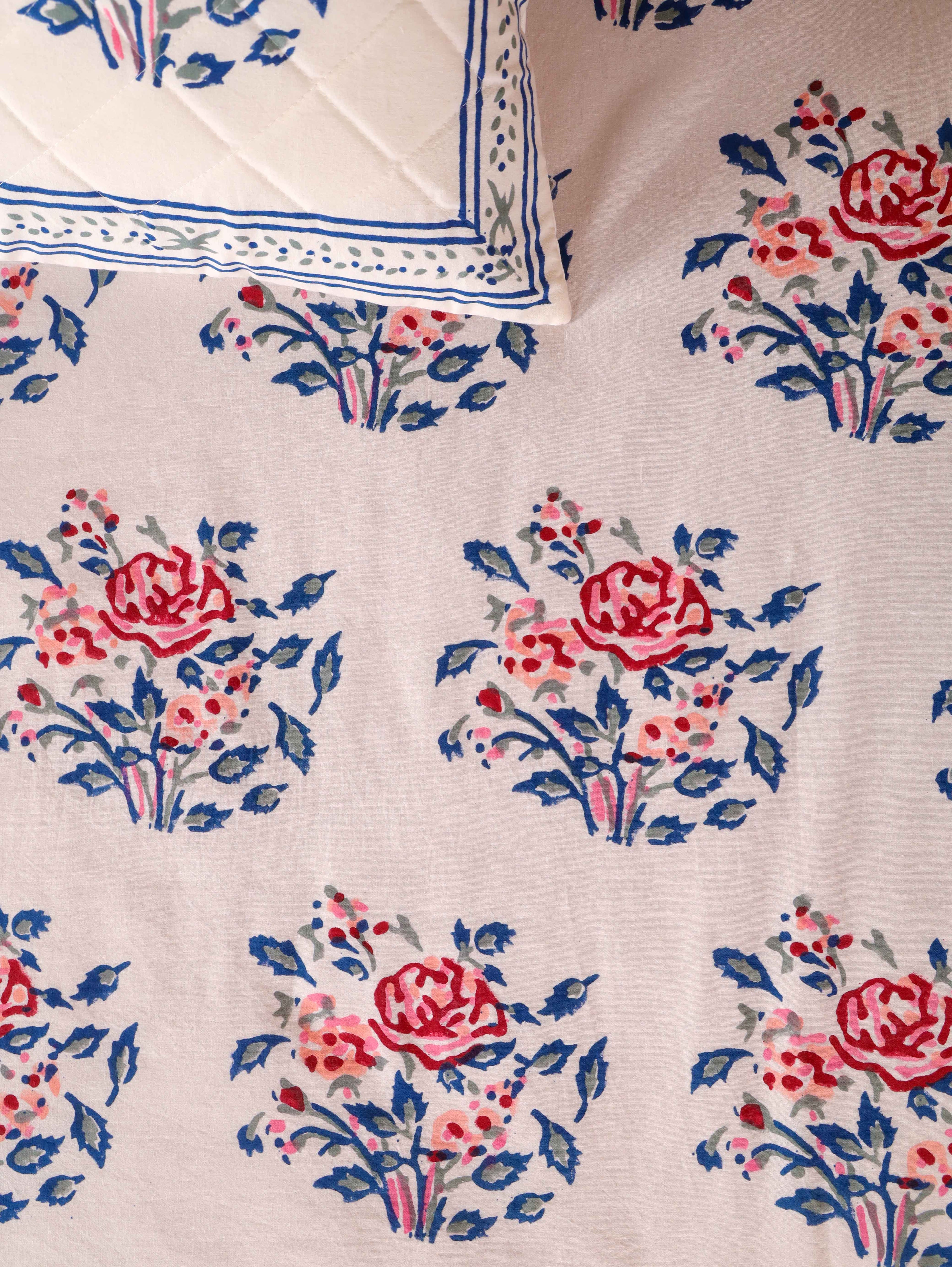 Hand Block Print Jaipuri Cotton Bedsheet With Two Reversible Pillow Cover