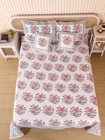 Hand Block Print Jaipuri Cotton Bedsheet With Two Reversible Pillow Cover