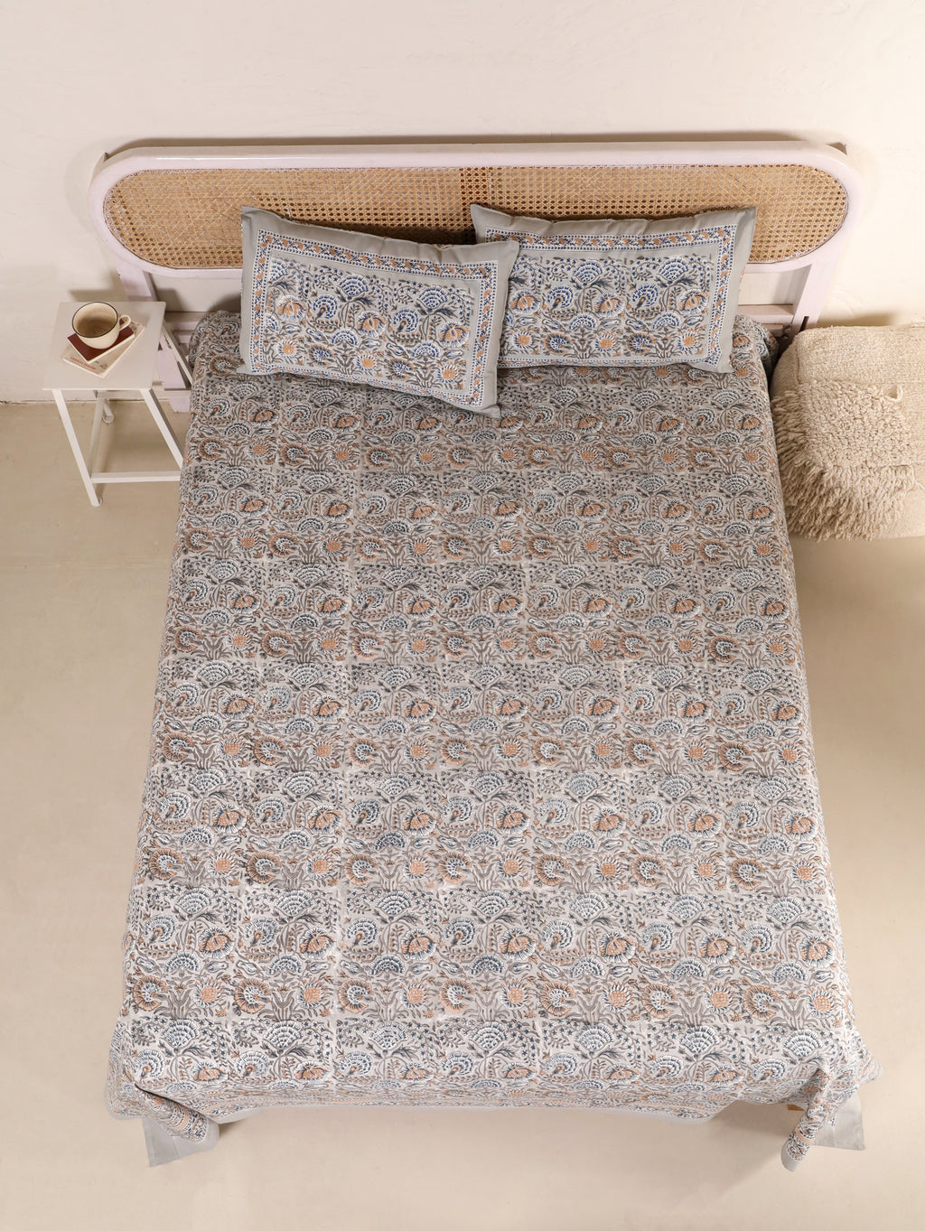 THE DARK GREY KASHYAB PRINT HAND BLOCK PRINT COTTON BEDSHEET WITH PILLOW COVER