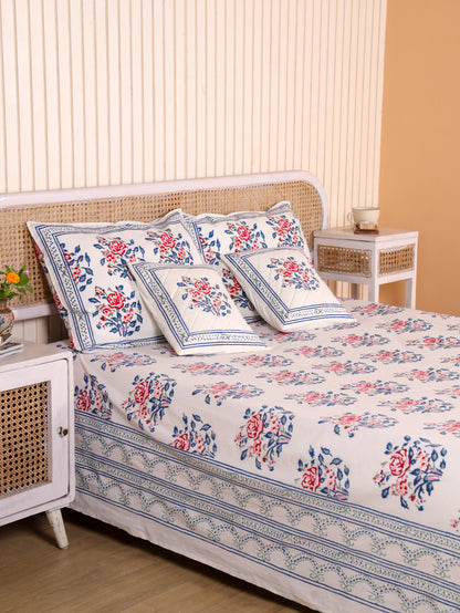 Hand Block Print Jaipuri Cotton Bedsheet With Two Reversible Pillow Cover