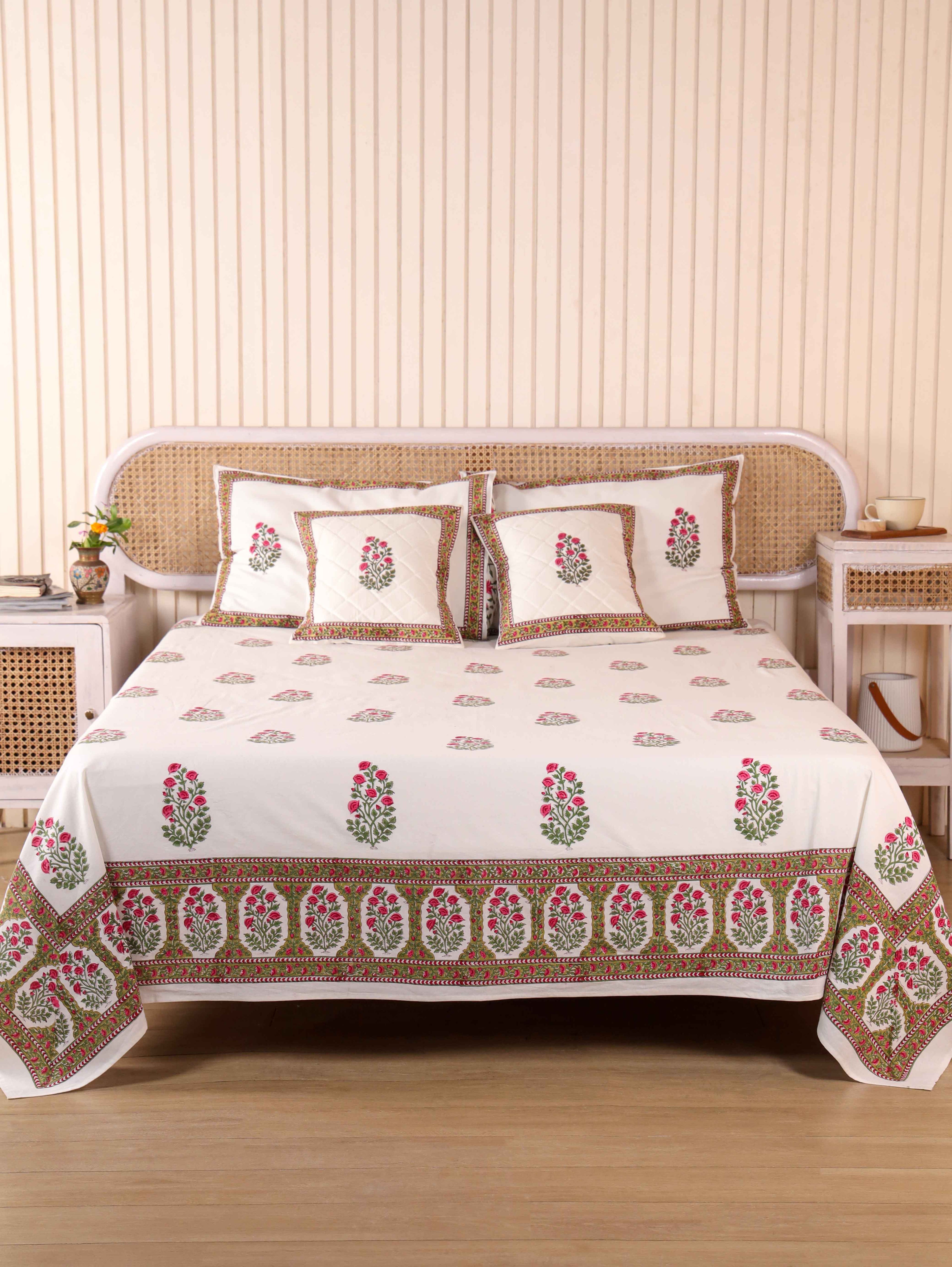 Hand Block Print Jaipuri Cotton Bedsheet With Two Reversible Pillow Cover