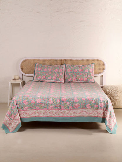 Hand Block Print Jaipuri Cotton Bedsheet With Two Reversible Pillow Cover