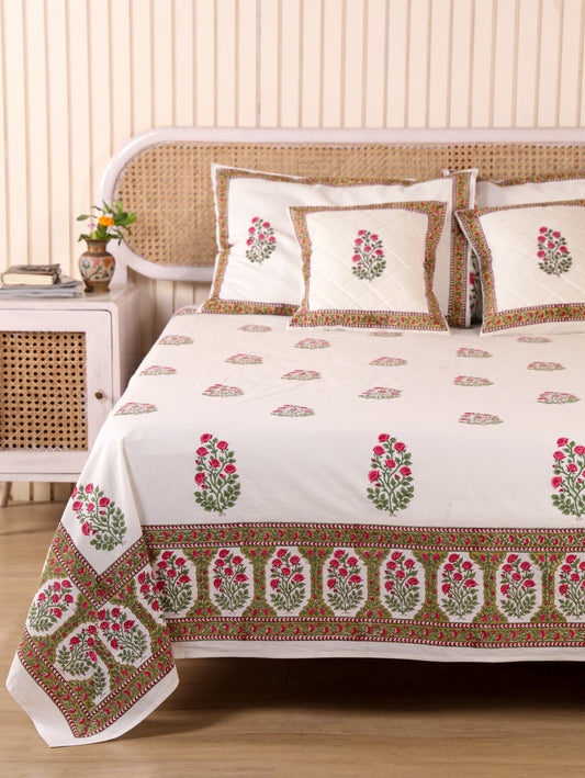 Hand Block Print Jaipuri Cotton Bedsheet With Two Reversible Pillow Cover