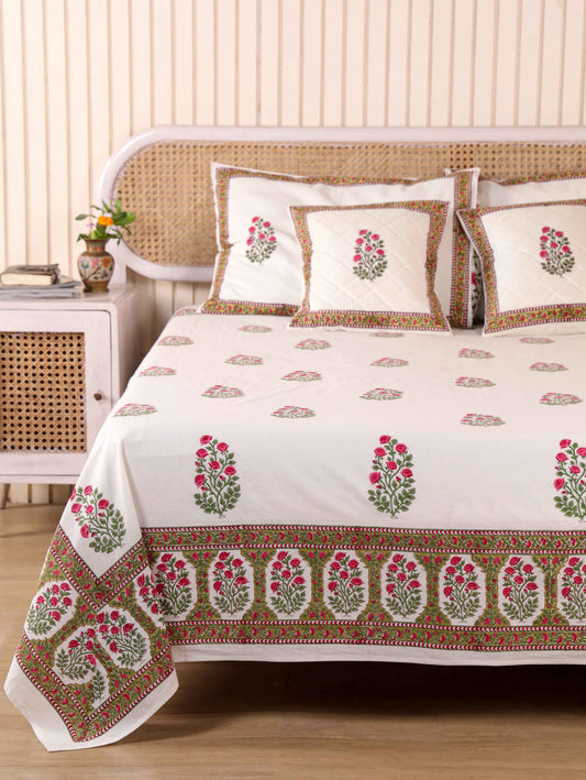 Hand Block Print Jaipuri Cotton Bedsheet With Two Reversible Pillow Cover