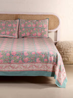 BLOOMING ROSE GARDEN PRINT HAND BLOCK PRINT COTTON BEDSHEET WITH PILLOW COVER
