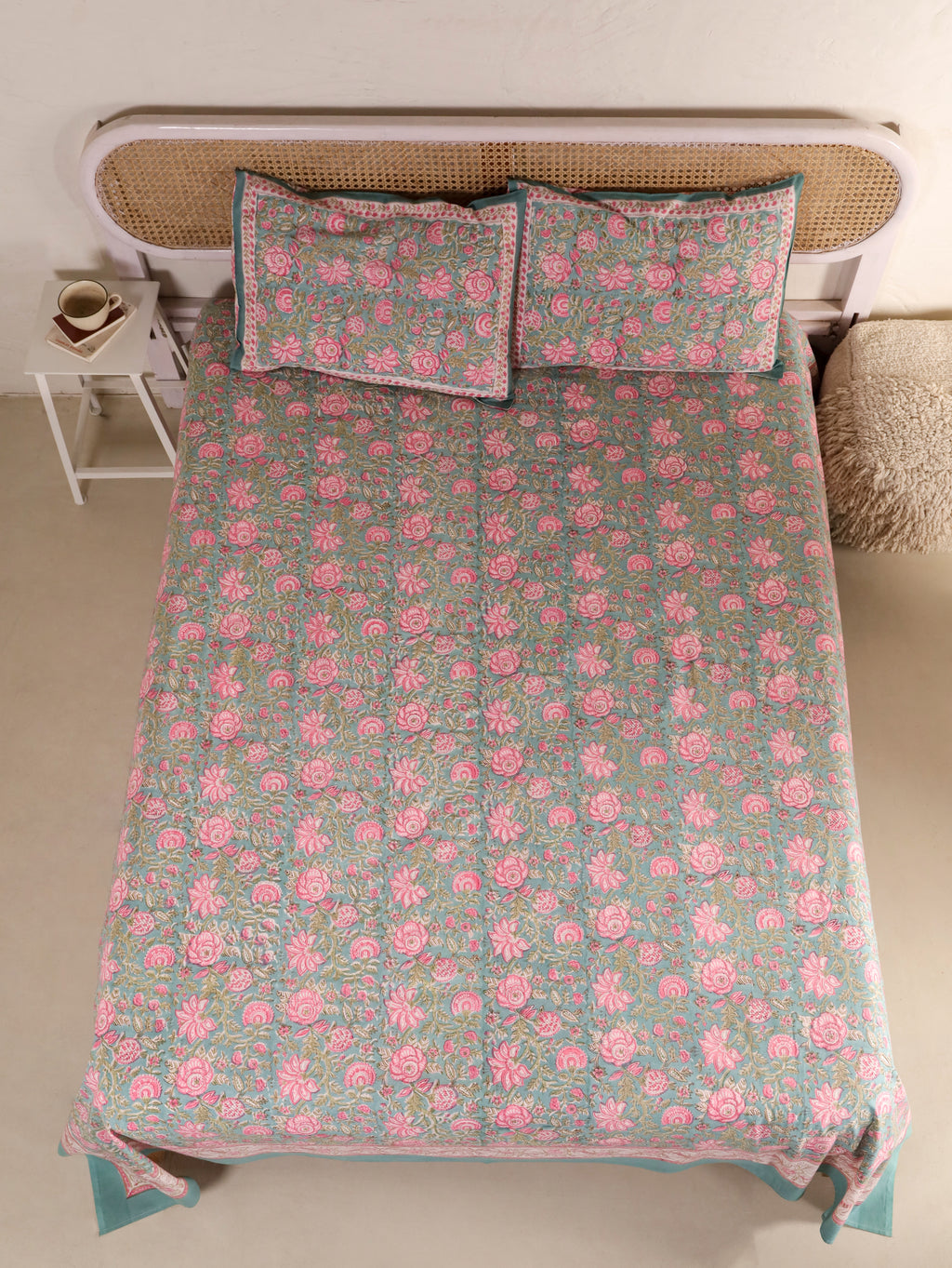 BLOOMING ROSE GARDEN PRINT HAND BLOCK PRINT COTTON BEDSHEET WITH PILLOW COVER