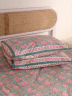 BLOOMING ROSE GARDEN PRINT HAND BLOCK PRINT COTTON BEDSHEET WITH PILLOW COVER