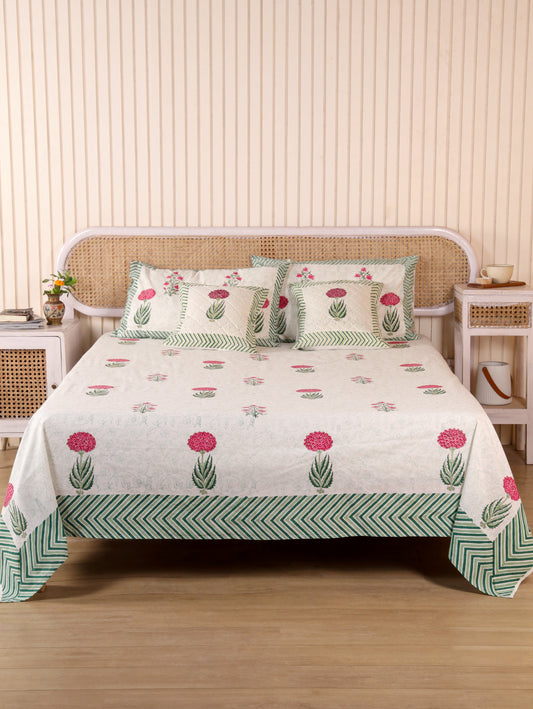 Hand Block Print Jaipuri Cotton Bedsheet With Two Reversible Pillow Cover