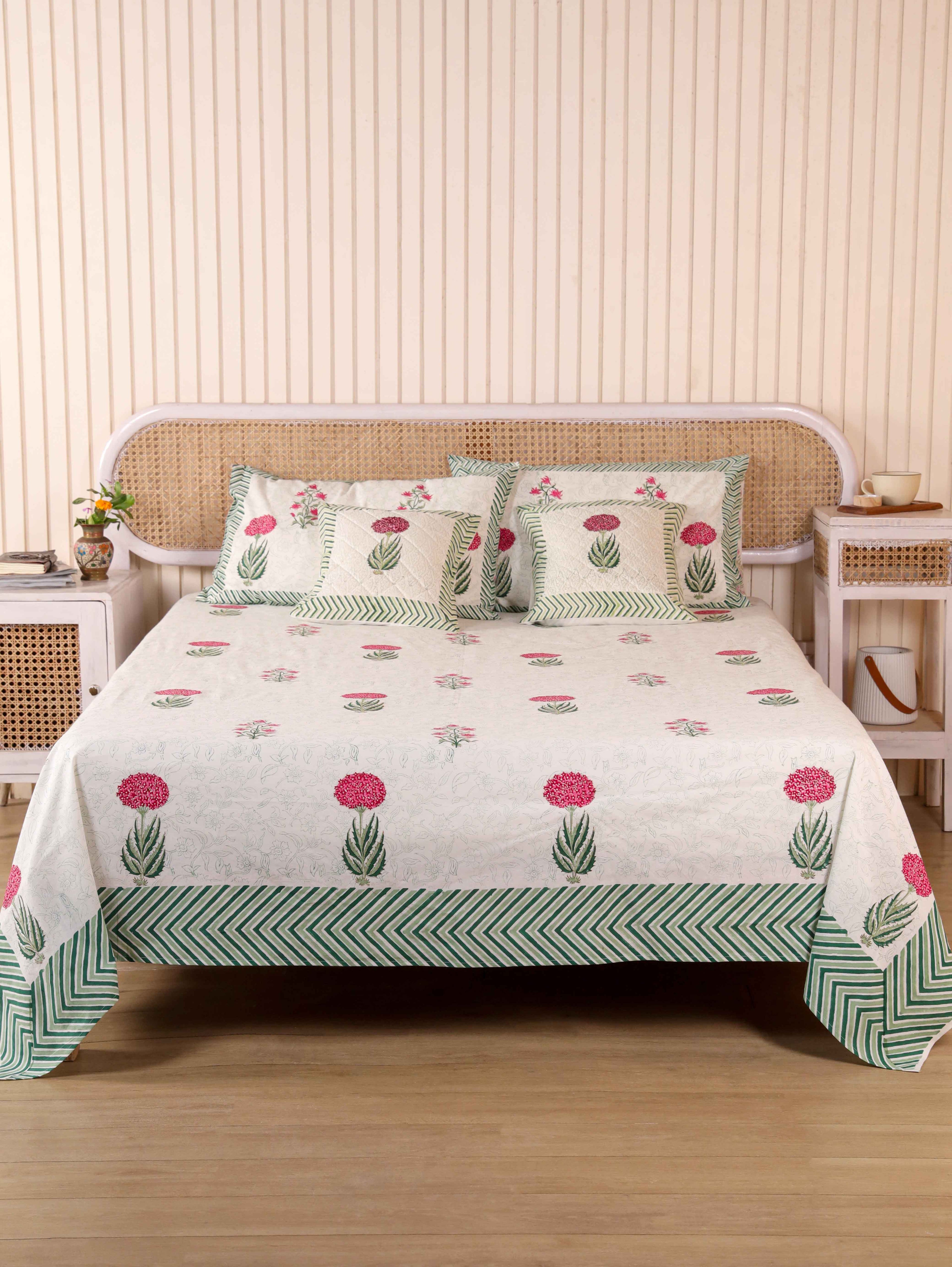 Hand Block Print Jaipuri Cotton Bedsheet With Two Reversible Pillow Cover