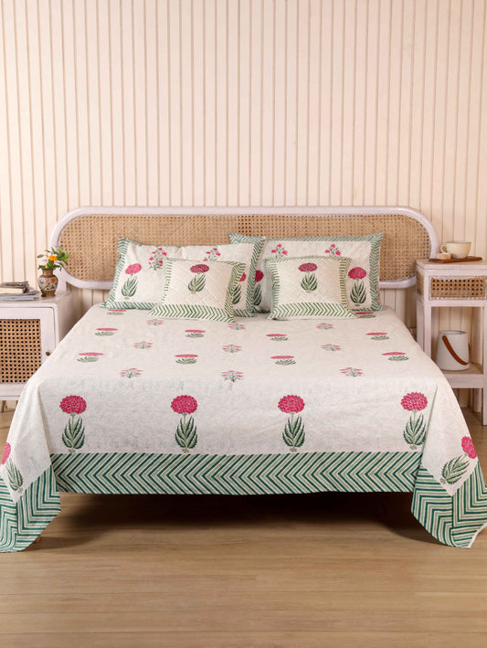 Hand Block Print Jaipuri Cotton Bedsheet With Two Reversible Pillow Cover