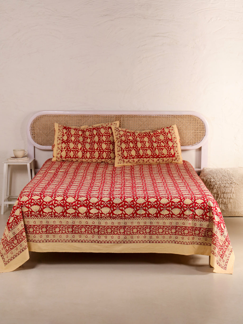 RED LOTUS MOTIF PRINT HAND BLOCK PRINT COTTON BEDSHEET WITH PILLOW COVER