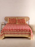 RED LOTUS MOTIF PRINT HAND BLOCK PRINT COTTON BEDSHEET WITH PILLOW COVER