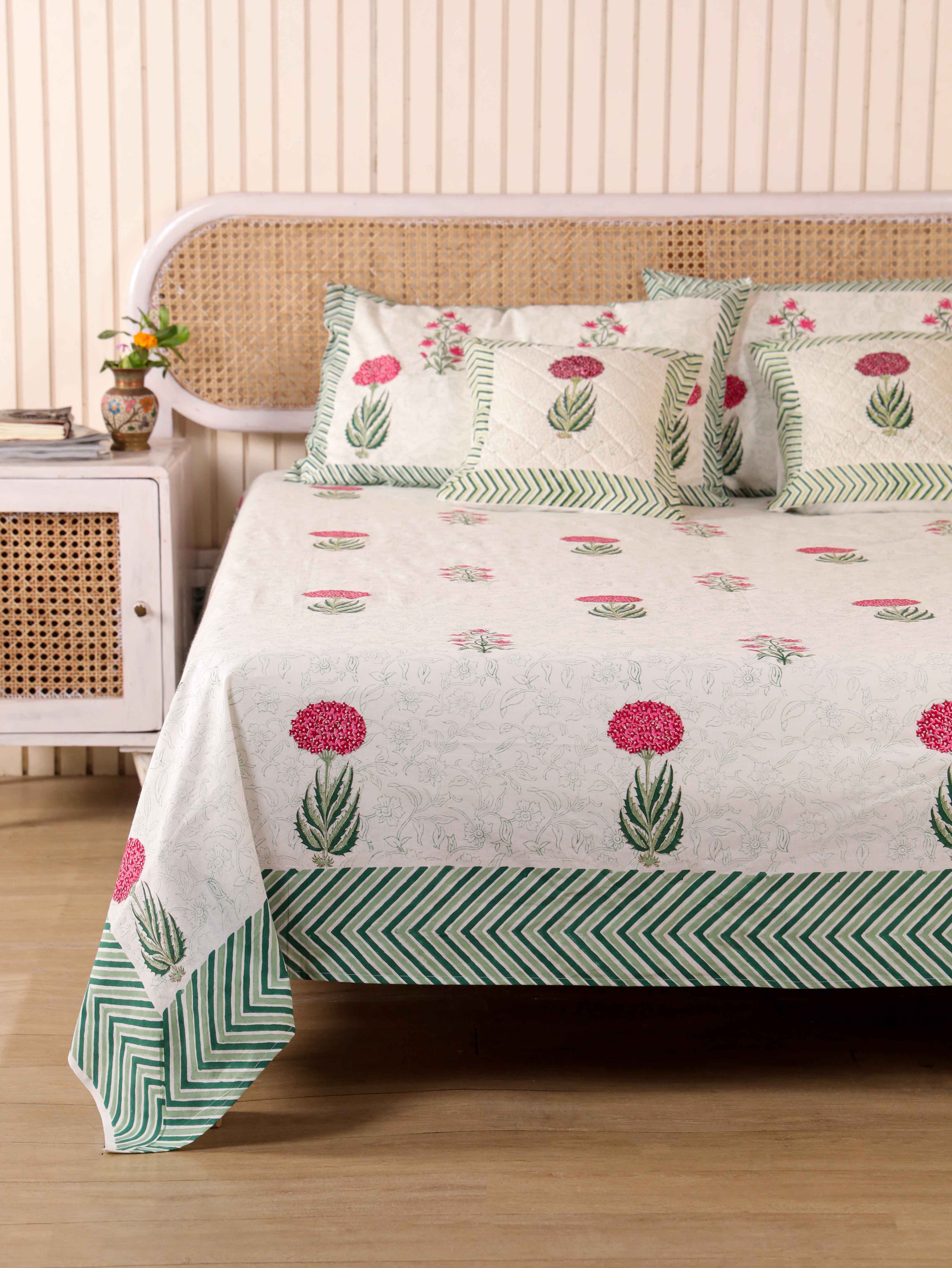 Hand Block Print Jaipuri Cotton Bedsheet With Two Reversible Pillow Cover