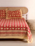 RED LOTUS MOTIF PRINT HAND BLOCK PRINT COTTON BEDSHEET WITH PILLOW COVER