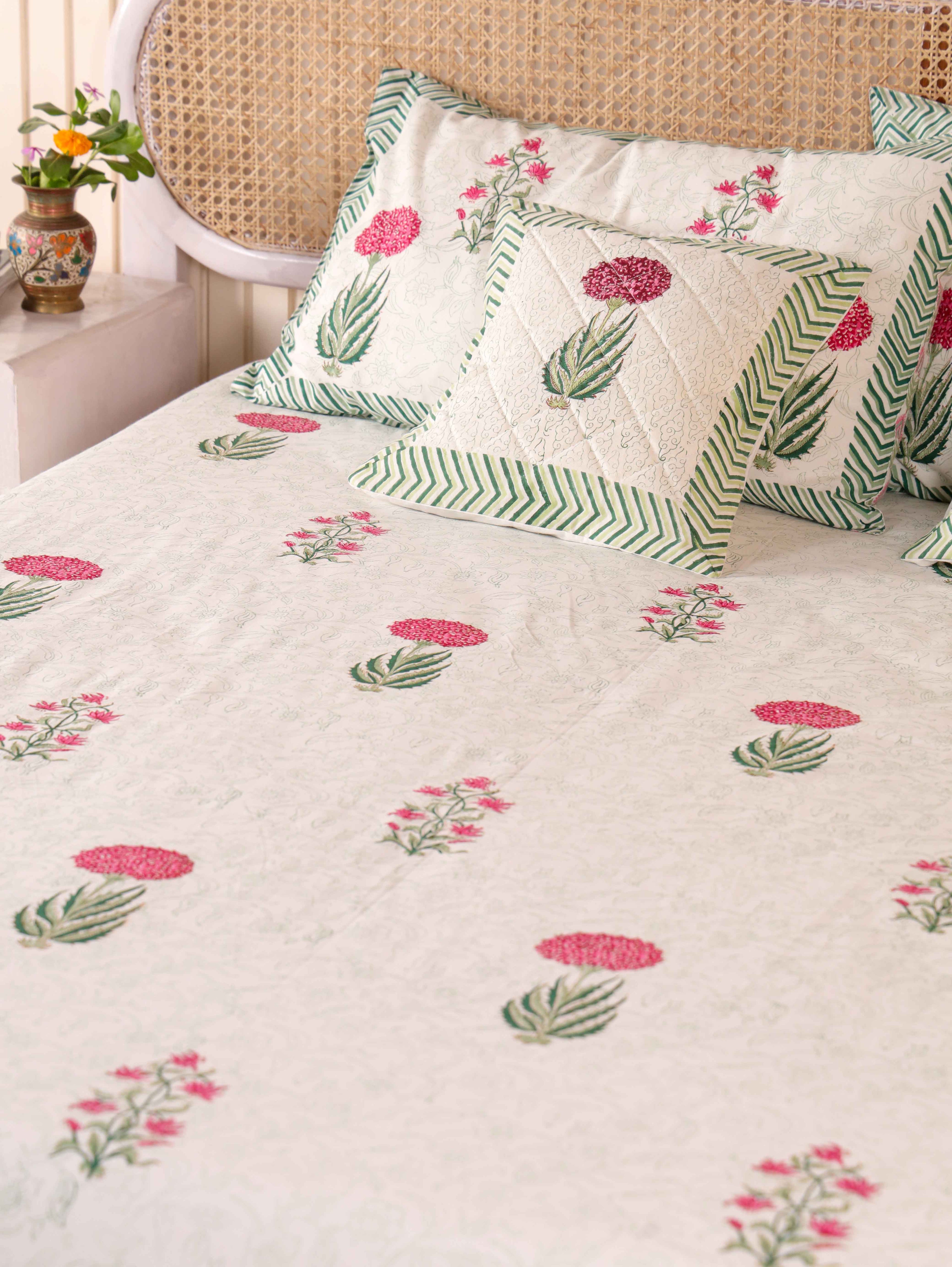 Hand Block Print Jaipuri Cotton Bedsheet With Two Reversible Pillow Cover