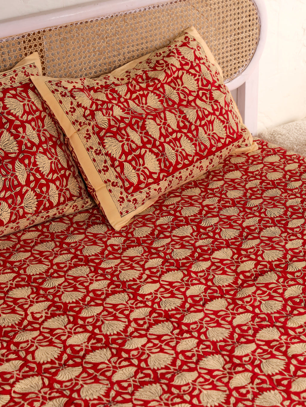 RED LOTUS MOTIF PRINT HAND BLOCK PRINT COTTON BEDSHEET WITH PILLOW COVER