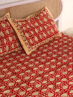 RED LOTUS MOTIF PRINT HAND BLOCK PRINT COTTON BEDSHEET WITH PILLOW COVER