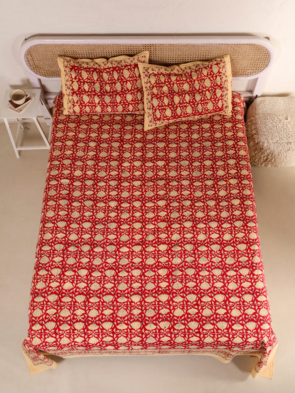 RED LOTUS MOTIF PRINT HAND BLOCK PRINT COTTON BEDSHEET WITH PILLOW COVER