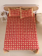 RED LOTUS MOTIF PRINT HAND BLOCK PRINT COTTON BEDSHEET WITH PILLOW COVER