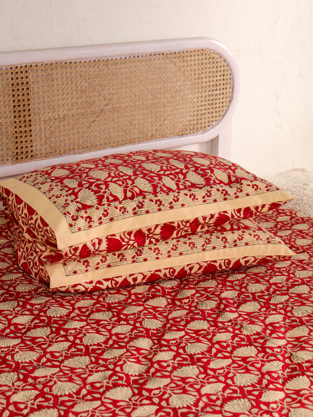 RED LOTUS MOTIF PRINT HAND BLOCK PRINT COTTON BEDSHEET WITH PILLOW COVER