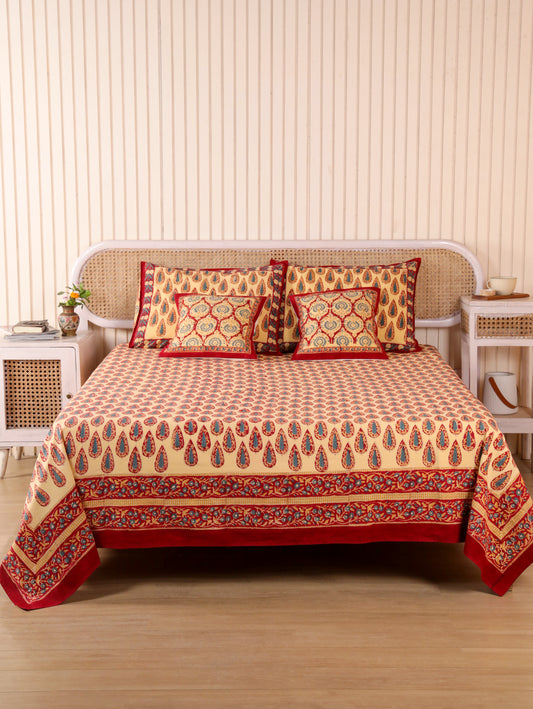 Hand Block Print Jaipuri Cotton Bedsheet With Two Reversible Pillow Cover