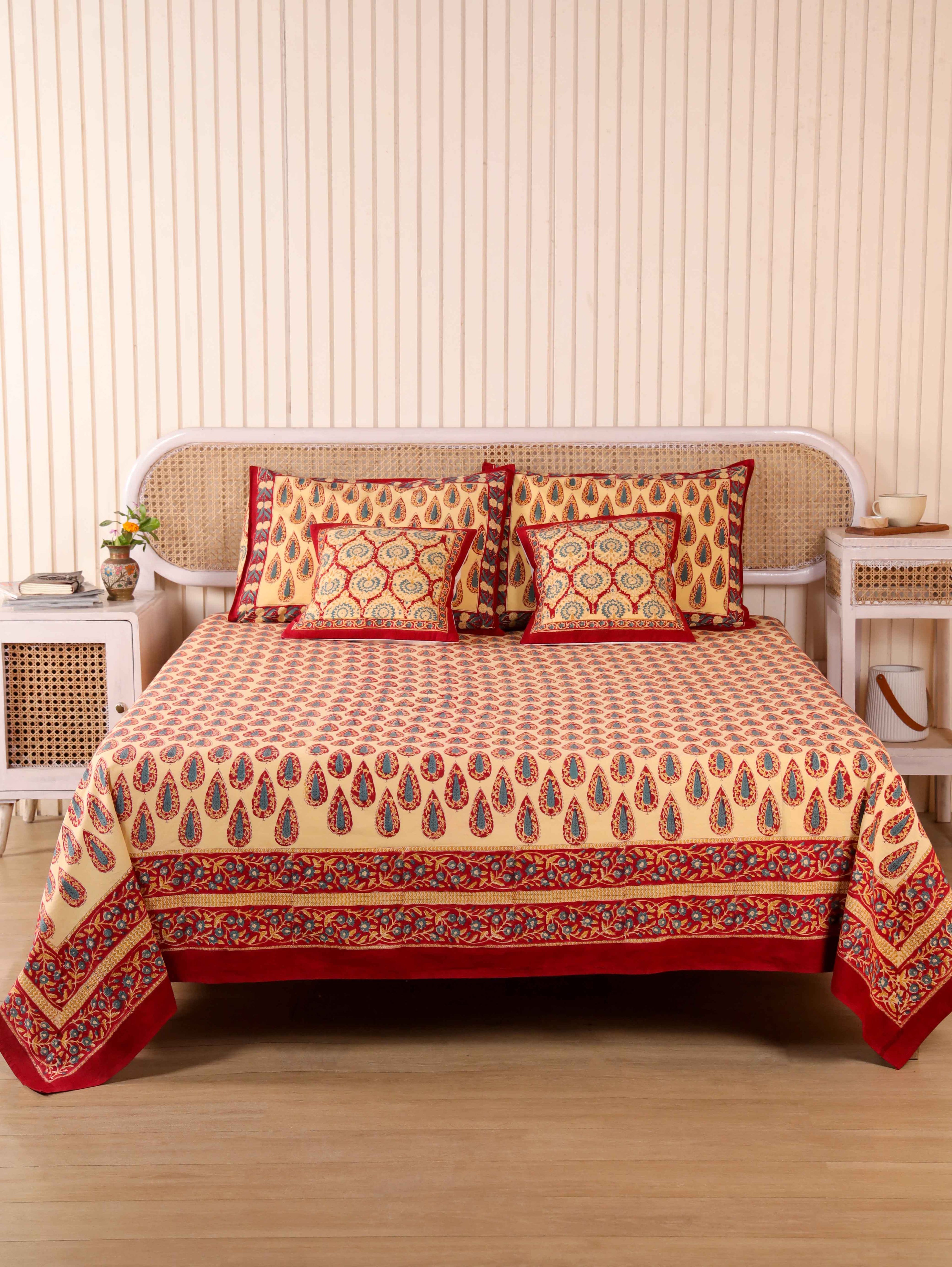 Hand Block Print Jaipuri Cotton Bedsheet With Two Reversible Pillow Cover