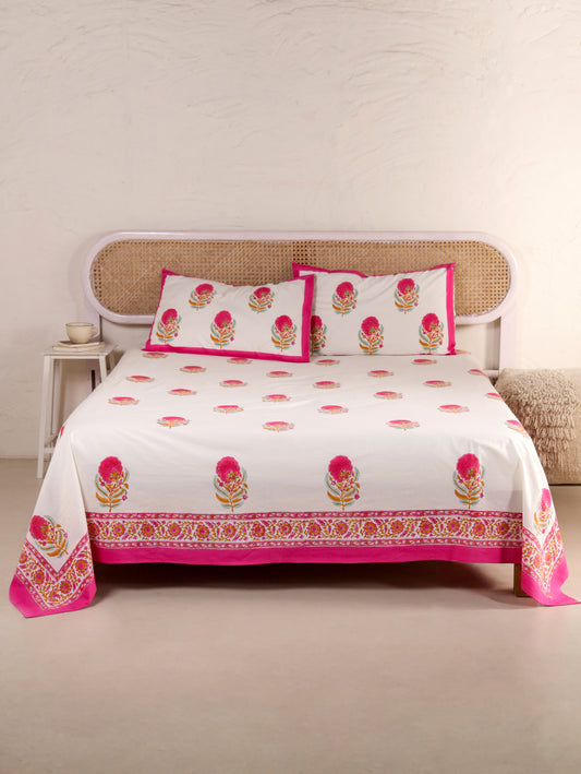 Hand Block Print Jaipuri Cotton Bedsheet With Two Reversible Pillow Cover