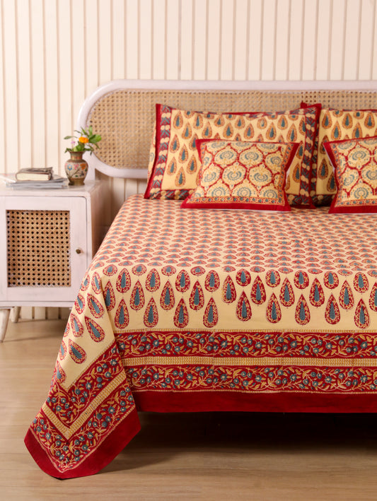 Hand Block Print Jaipuri Cotton Bedsheet With Two Reversible Pillow Cover