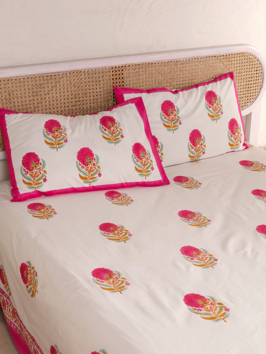 SHAHI GULAB BUTTA PRINT HAND BLOCK PRINT COTTON BEDSHEET WITH PILLOW COVER