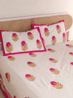 SHAHI GULAB BUTTA PRINT HAND BLOCK PRINT COTTON BEDSHEET WITH PILLOW COVER