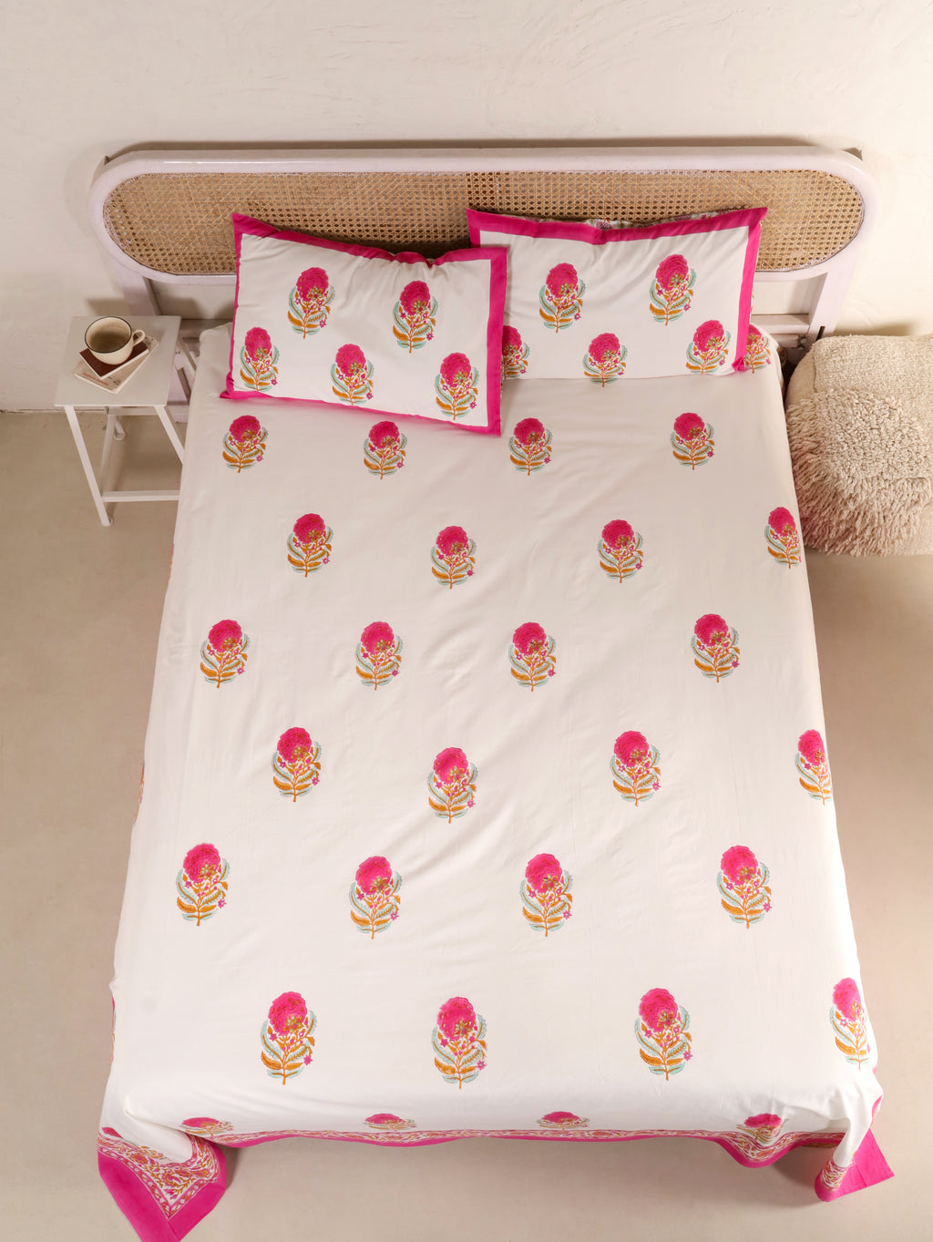 SHAHI GULAB BUTTA PRINT HAND BLOCK PRINT COTTON BEDSHEET WITH PILLOW COVER