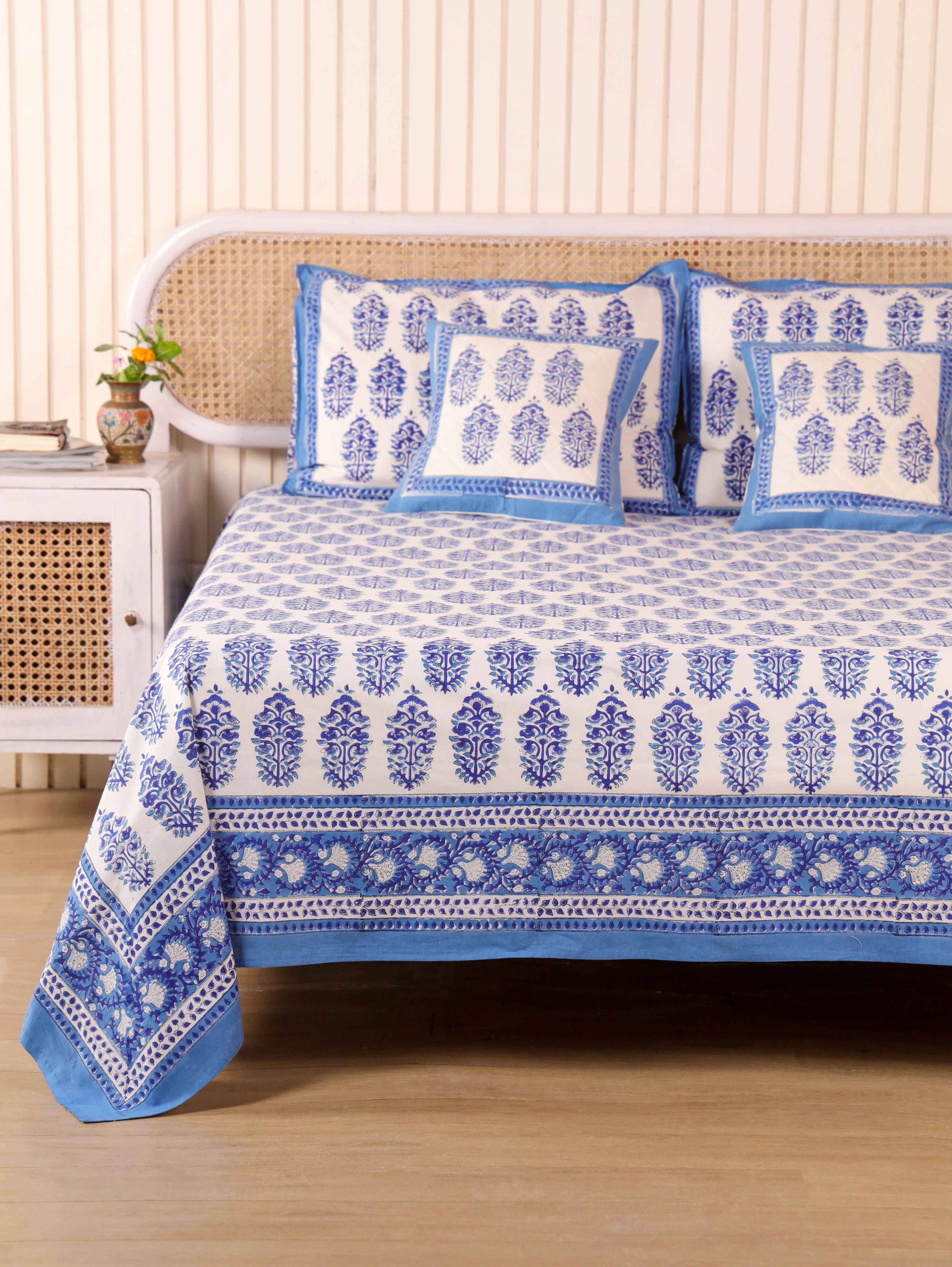 Hand Block Print Jaipuri Cotton Bedsheet With Two Reversible Pillow Cover