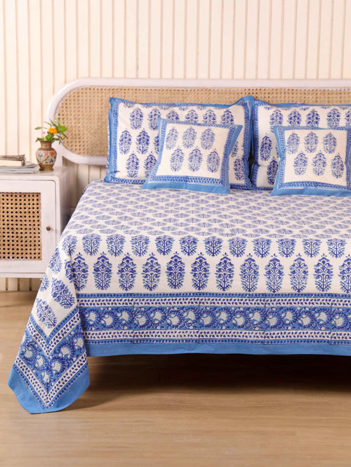 CLASSIC JAIPUR INDIGO MOTIF HAND BLOCK PRINT COTTON BEDSHEET WITH PILLOW COVER