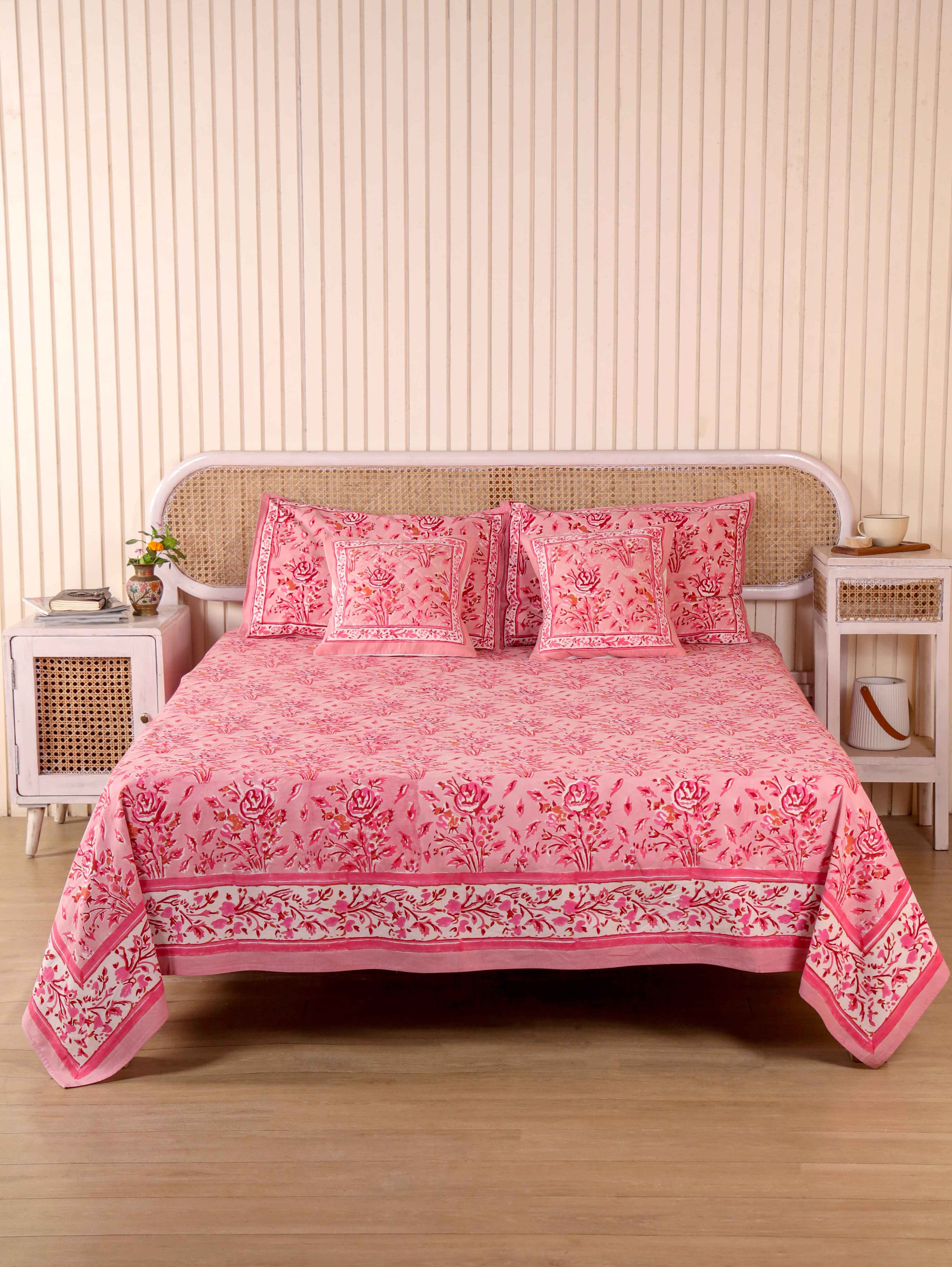 Hand Block Print Jaipuri Cotton Bedsheet With Two Reversible Pillow Cover