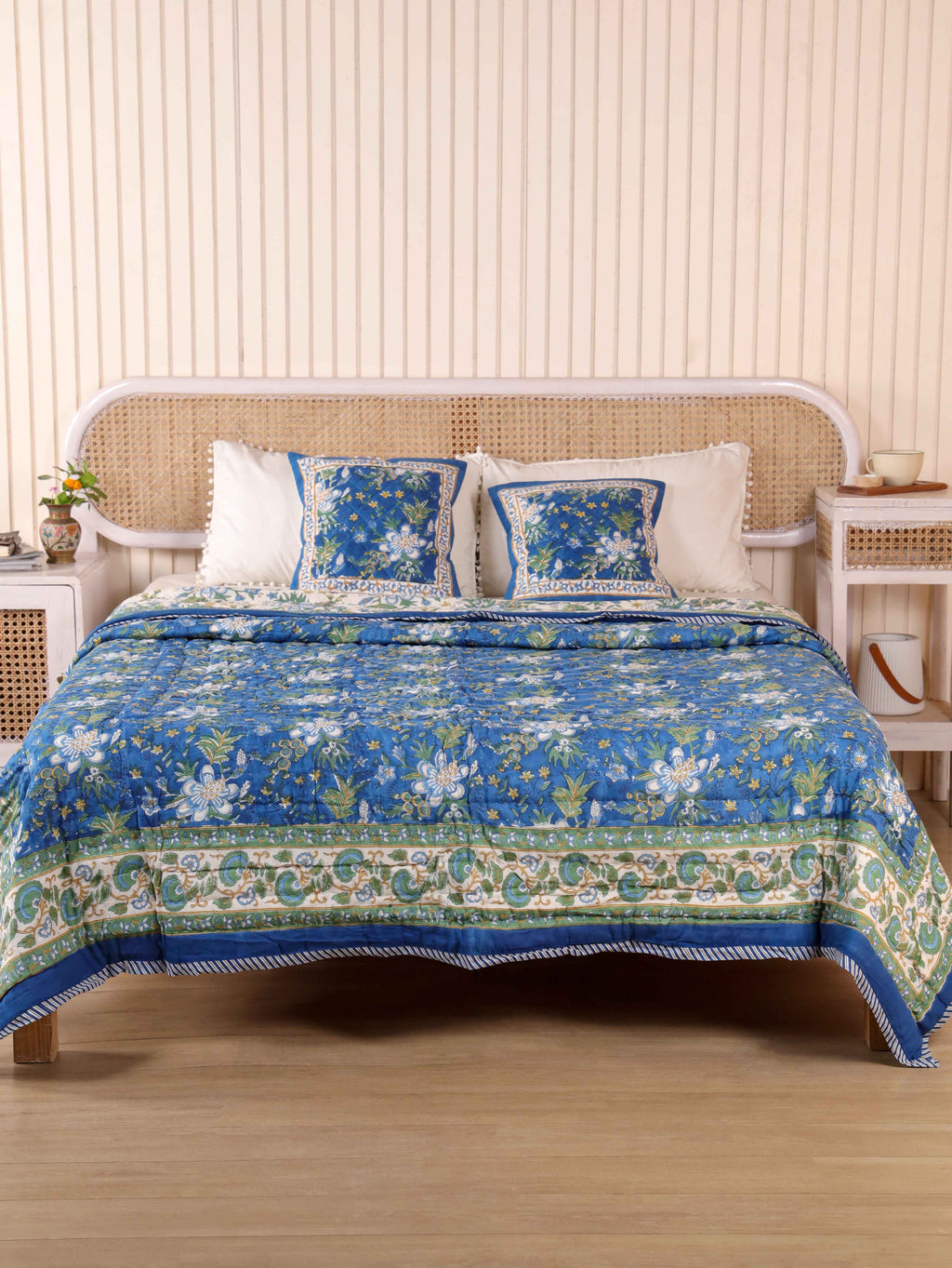ROYAL INDIGO GLORY HAND BLOCK PRINT REVERSIBLE COTTON QUILT/RAZAI