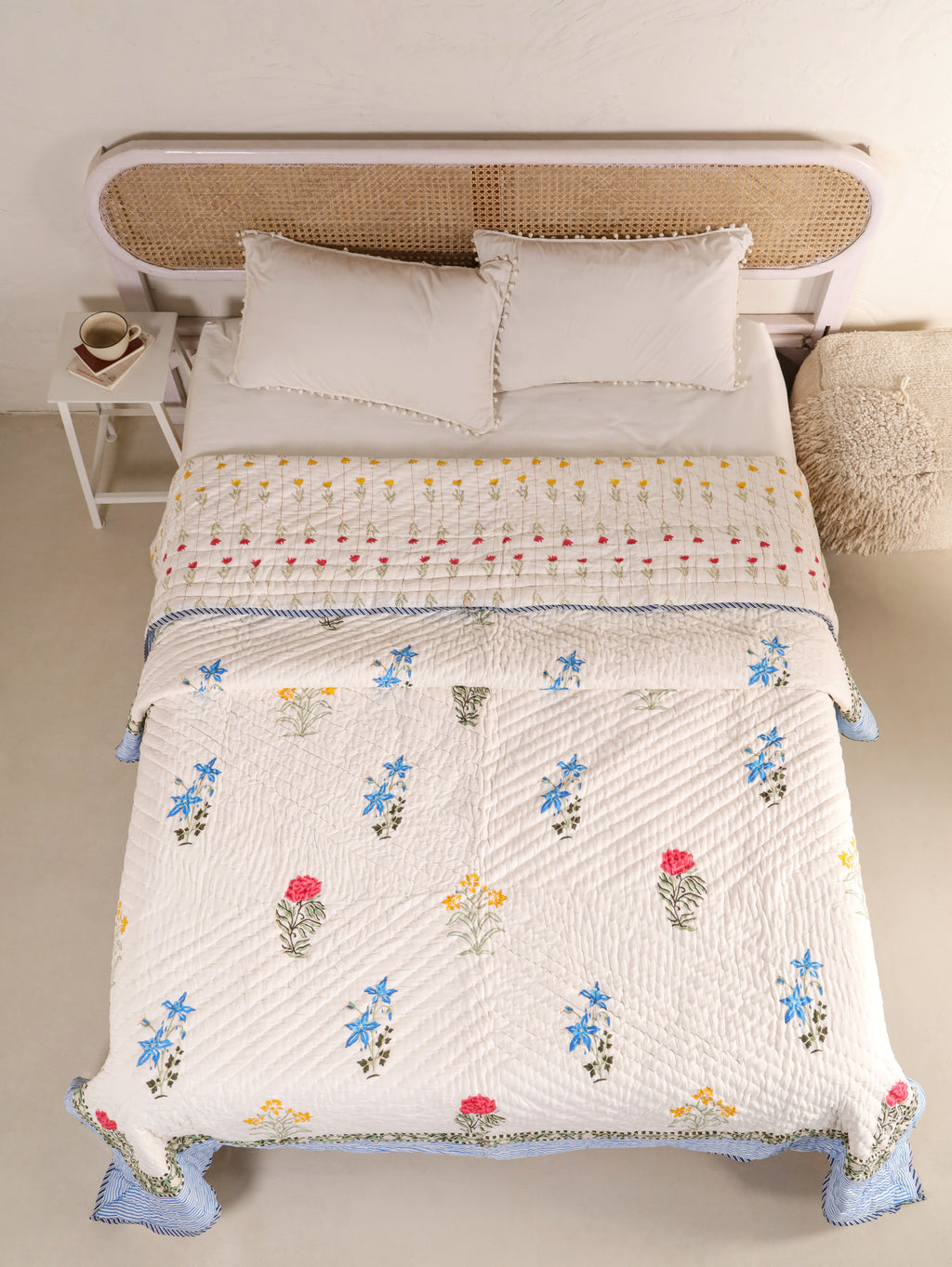 GUL-RANG BUTTI HAND BLOCK PRINT REVERSIBLE COTTON QUILT/RAZAI