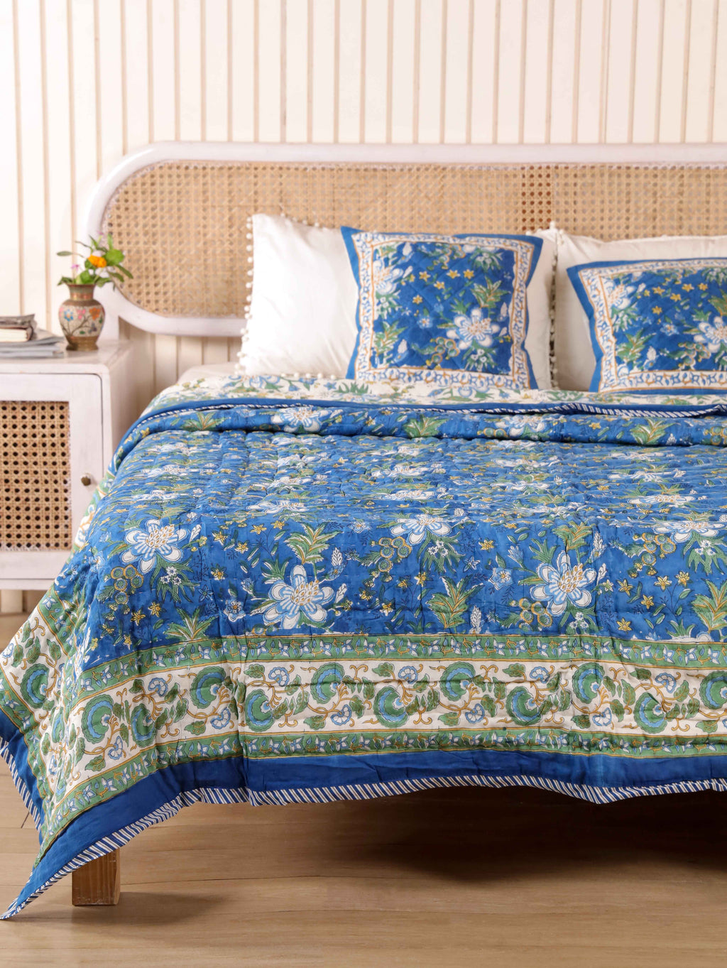 ROYAL INDIGO GLORY HAND BLOCK PRINT REVERSIBLE COTTON QUILT/RAZAI