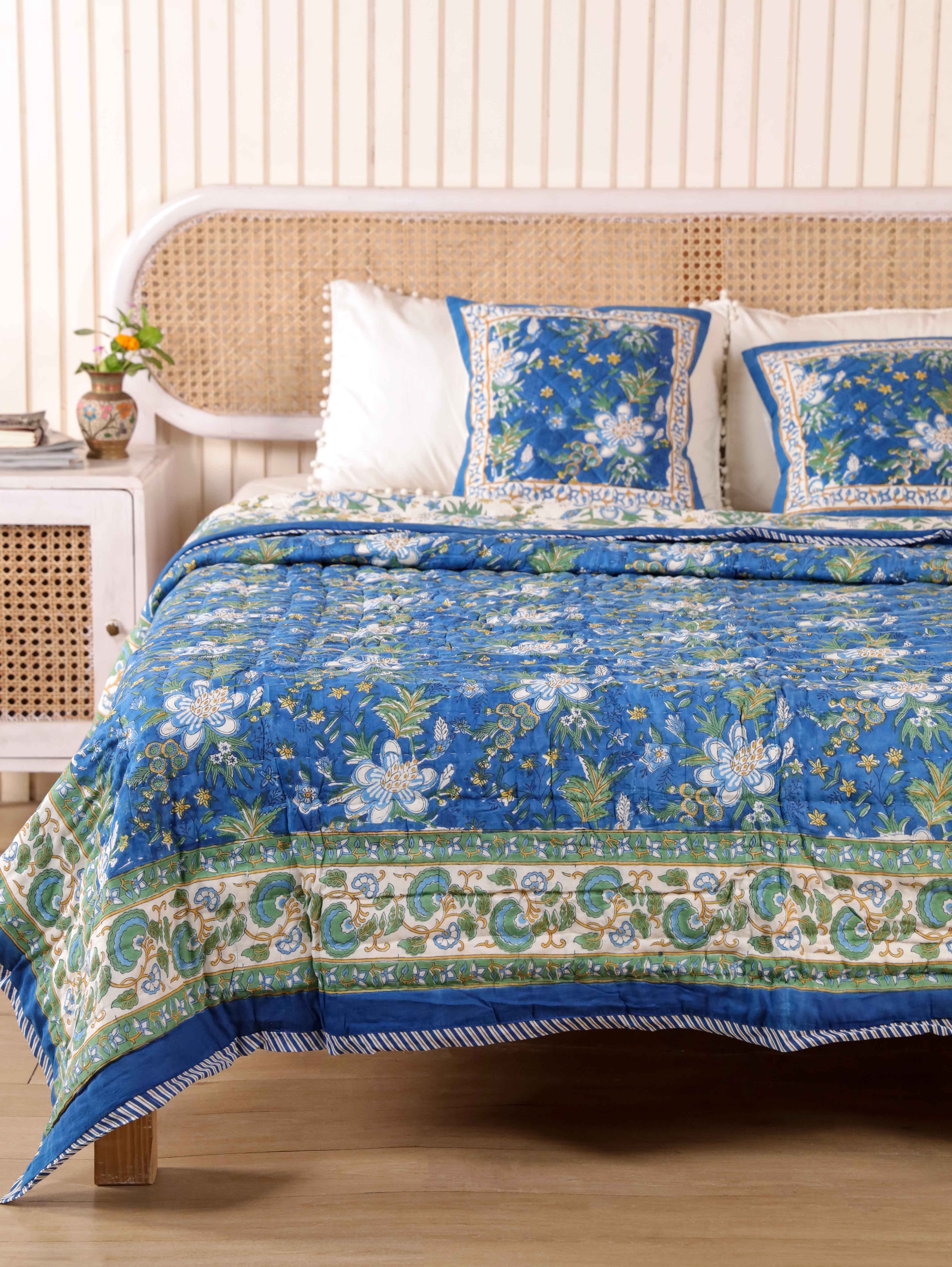 ROYAL INDIGO GLORY HAND BLOCK PRINT REVERSIBLE COTTON QUILT/RAZAI