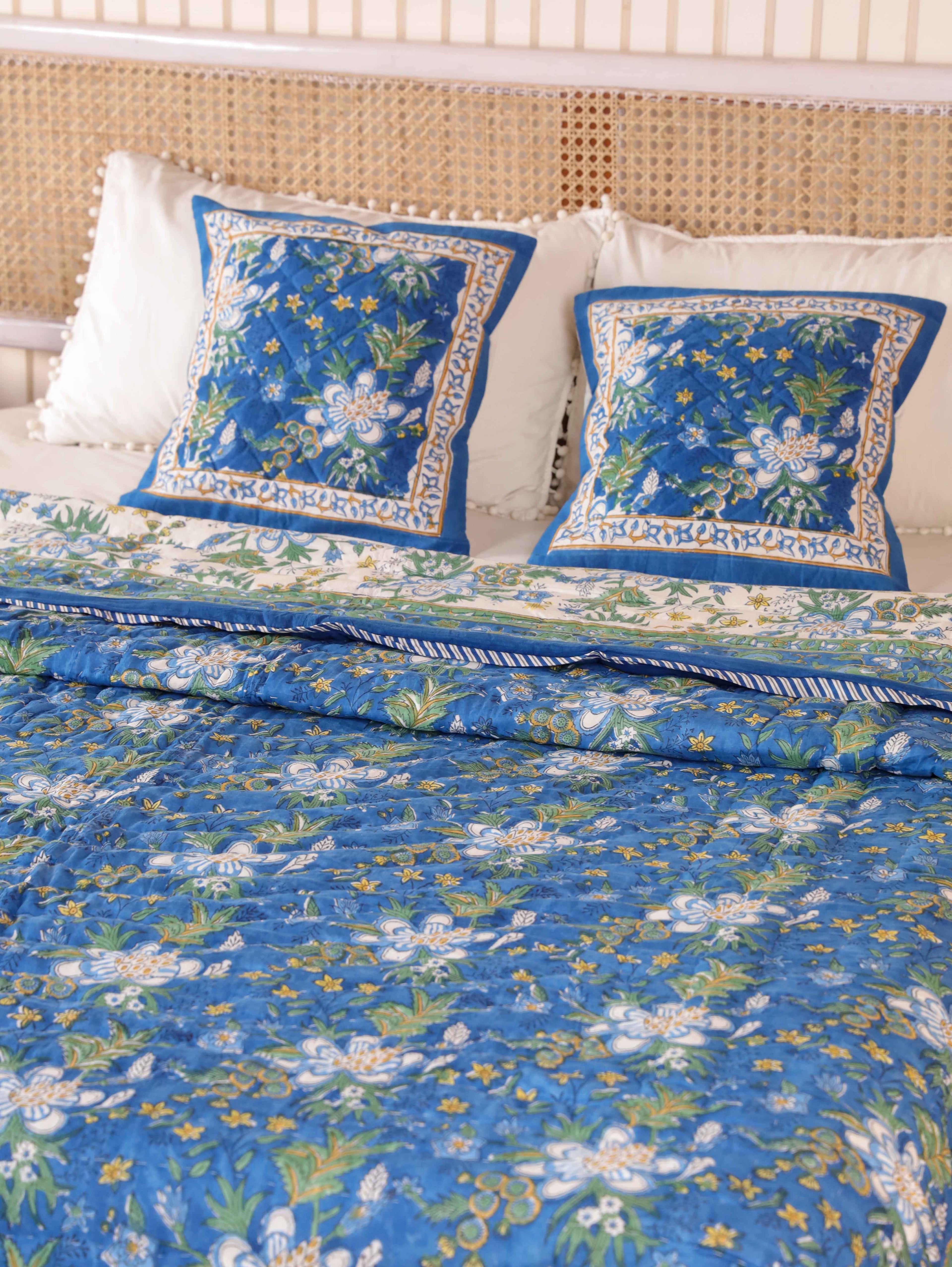 ROYAL INDIGO GLORY HAND BLOCK PRINT REVERSIBLE COTTON QUILT/RAZAI