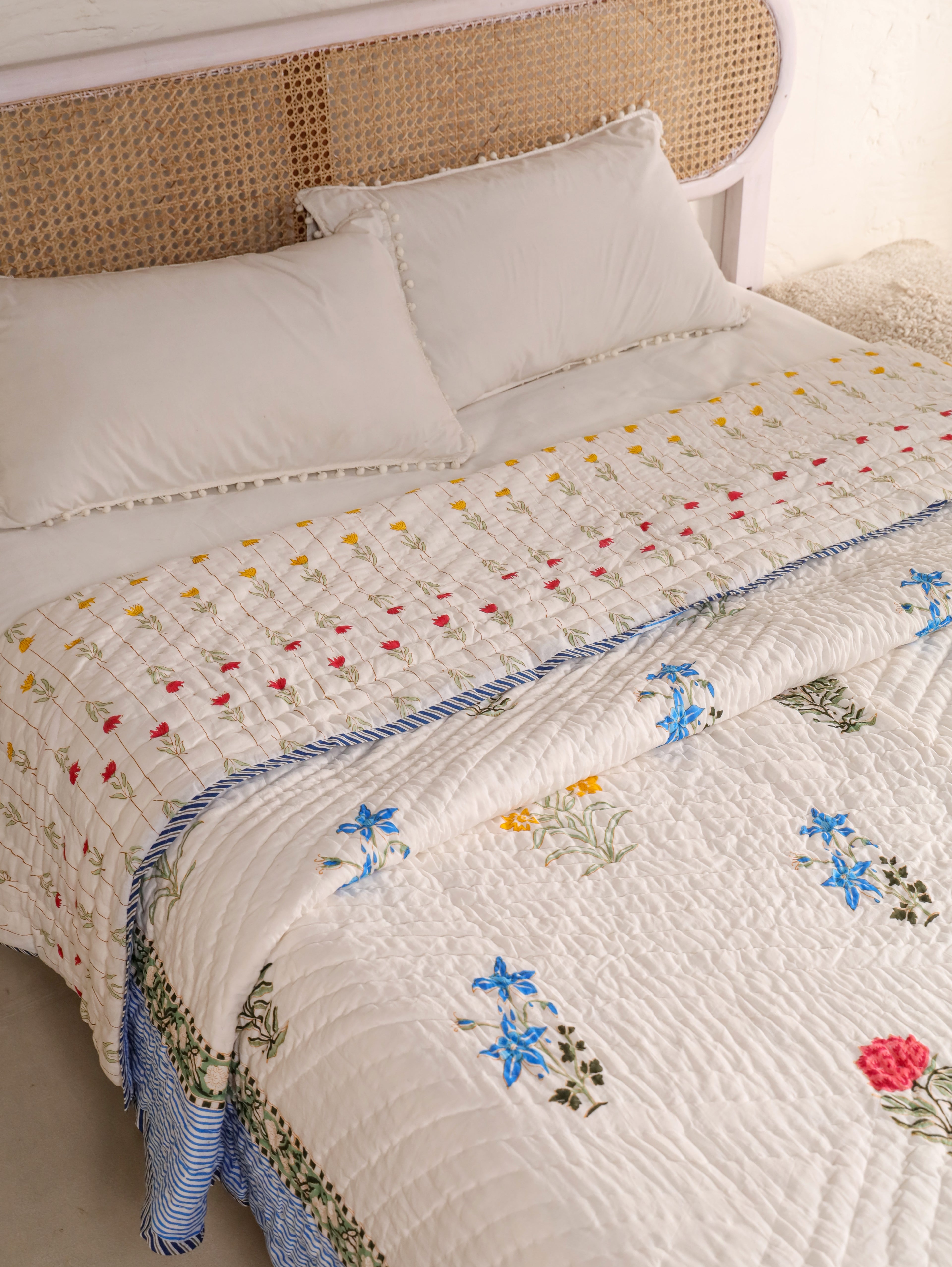 GUL-RANG BUTTI HAND BLOCK PRINT REVERSIBLE COTTON QUILT/RAZAI