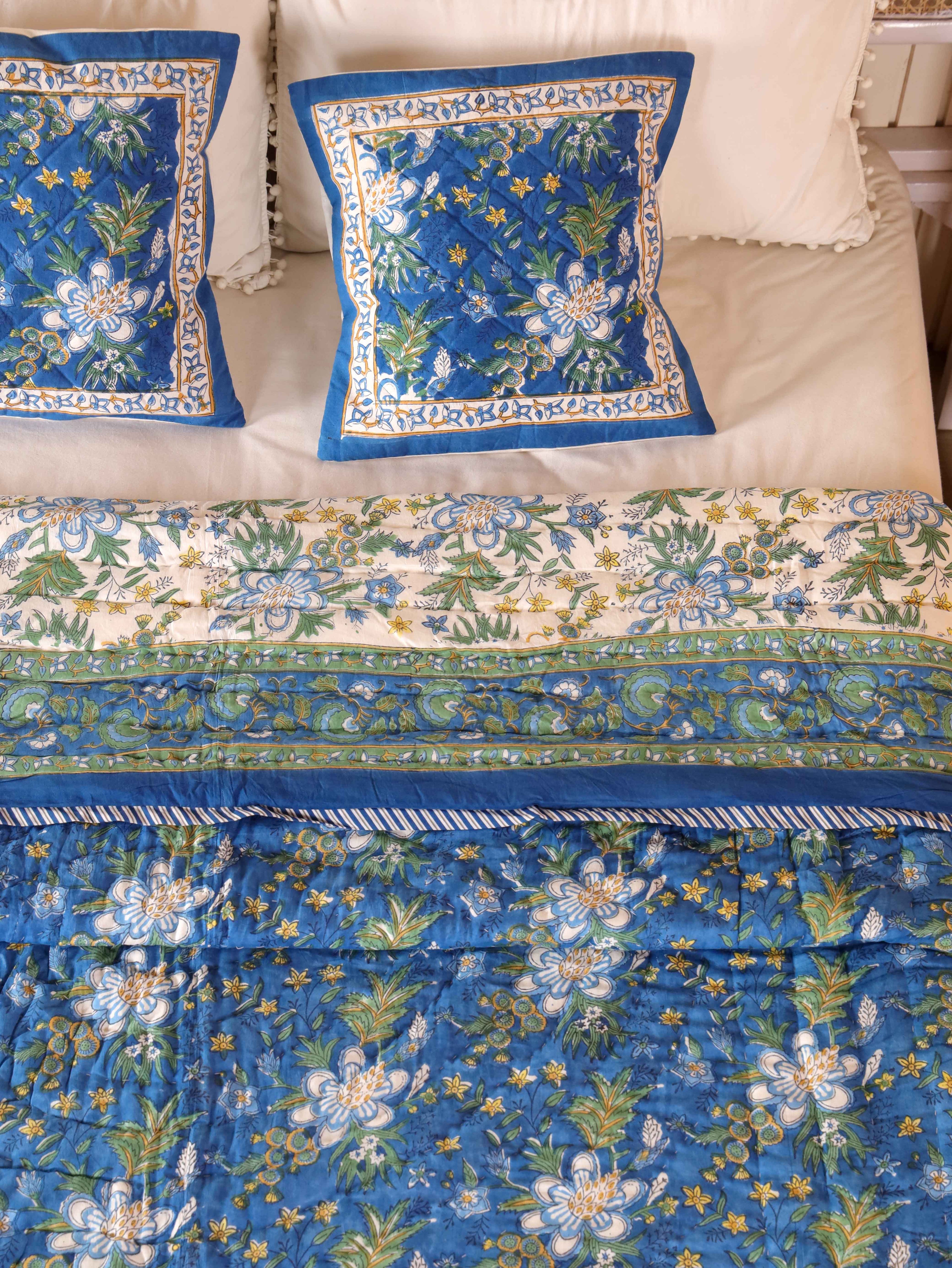 ROYAL INDIGO GLORY HAND BLOCK PRINT REVERSIBLE COTTON QUILT/RAZAI